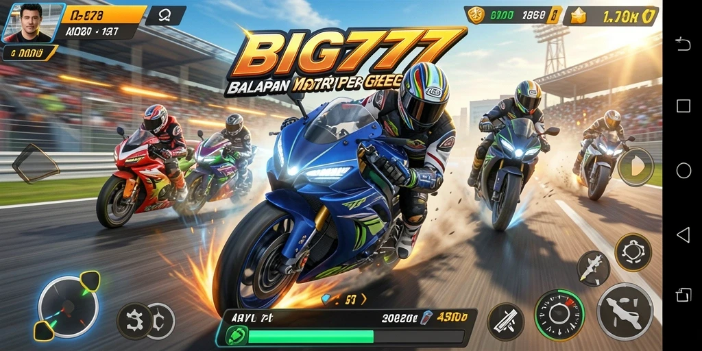 Screenshot gameplay <strong>BIG777</strong> yang menampilkan aksi balapan motor yang mendebarkan.