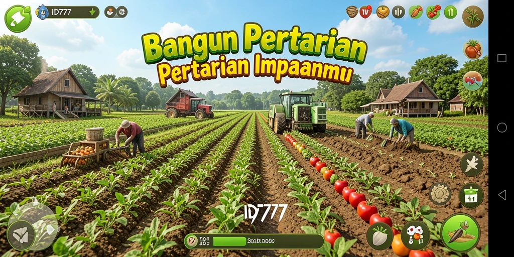 Screenshot utama yang menunjukkan aktivitas bertani dan hasil panen di ID777.