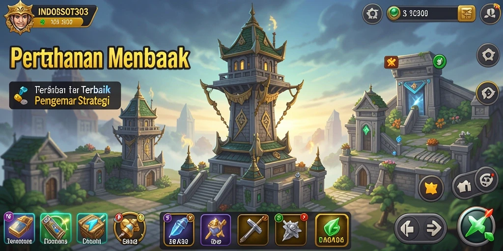 Tampilan gameplay INDOSLOT303 dengan menara dan musuh yang menantang.