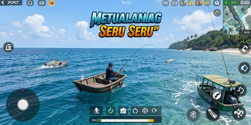 Screenshot gameplay <strong>PCPC7</strong> menunjukkan aksi memancing yang seru di lautan.