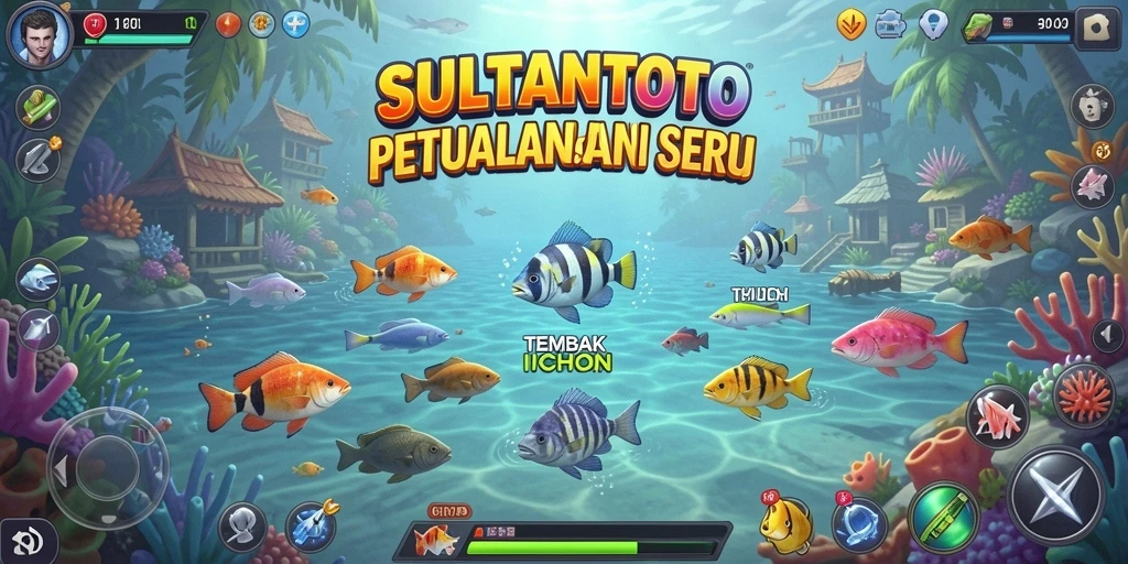 Tangkapan layar utama SULTANTOTO menampilkan aksi seru menangkap ikan.