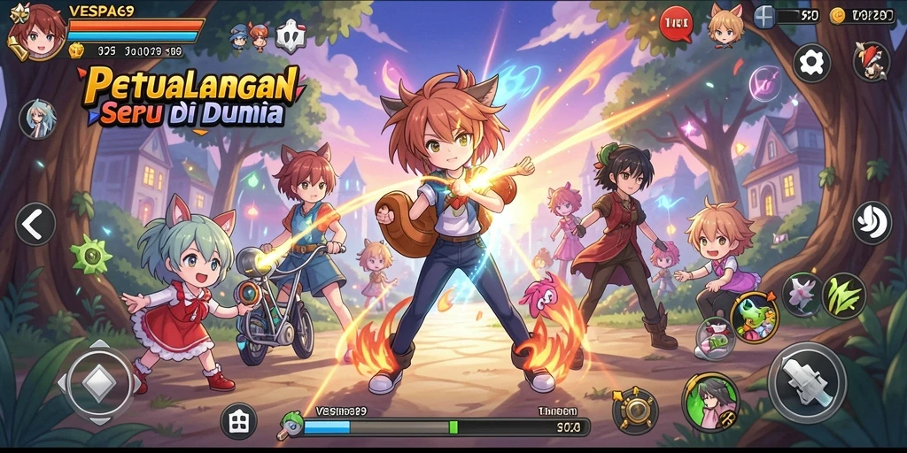 Screenshot utama VESPA69 menampilkan petualangan seru di dunia anime.